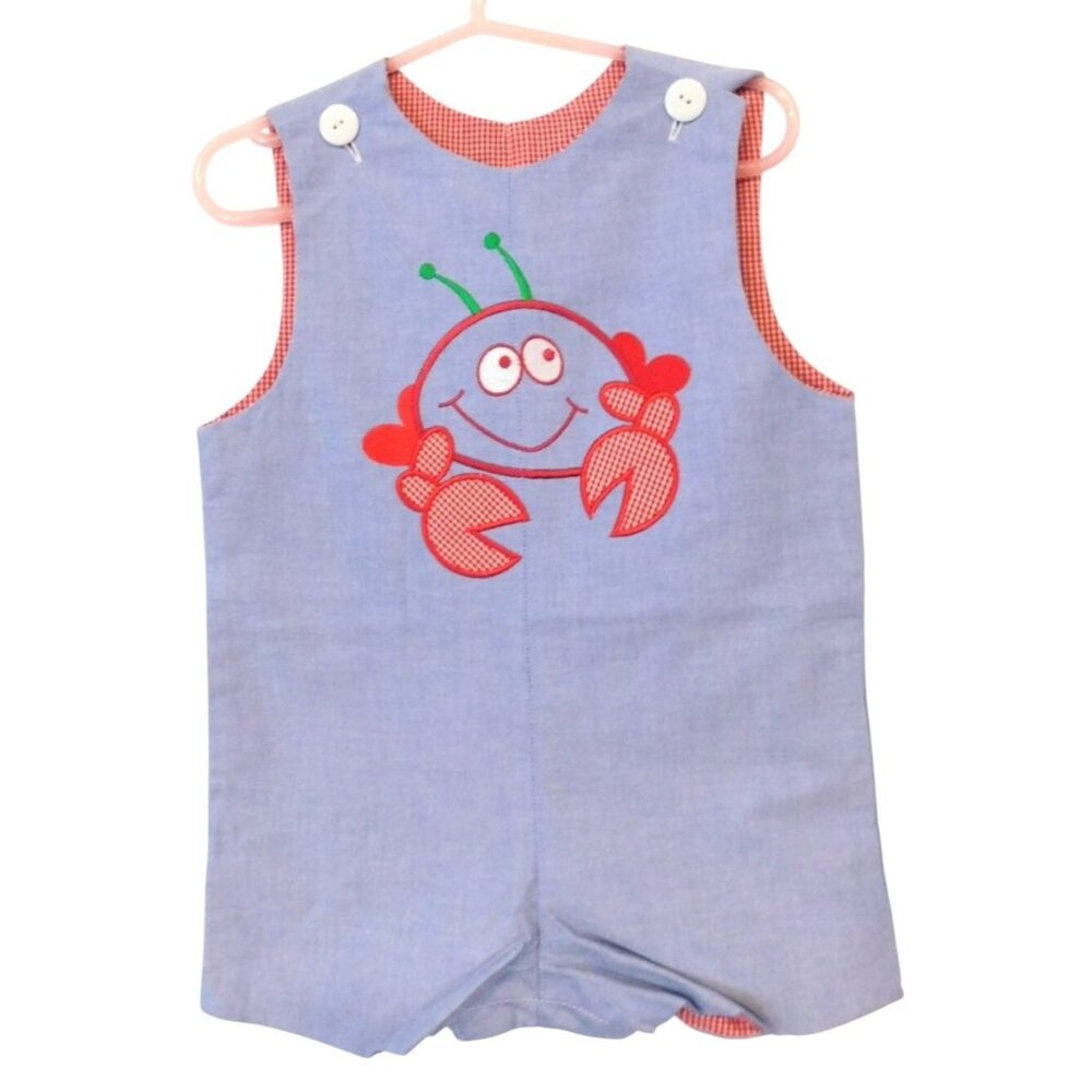 Wish Upon a Star Kids Size 1 12 Months Blue Chambray Checked Crab Jonjon Romper